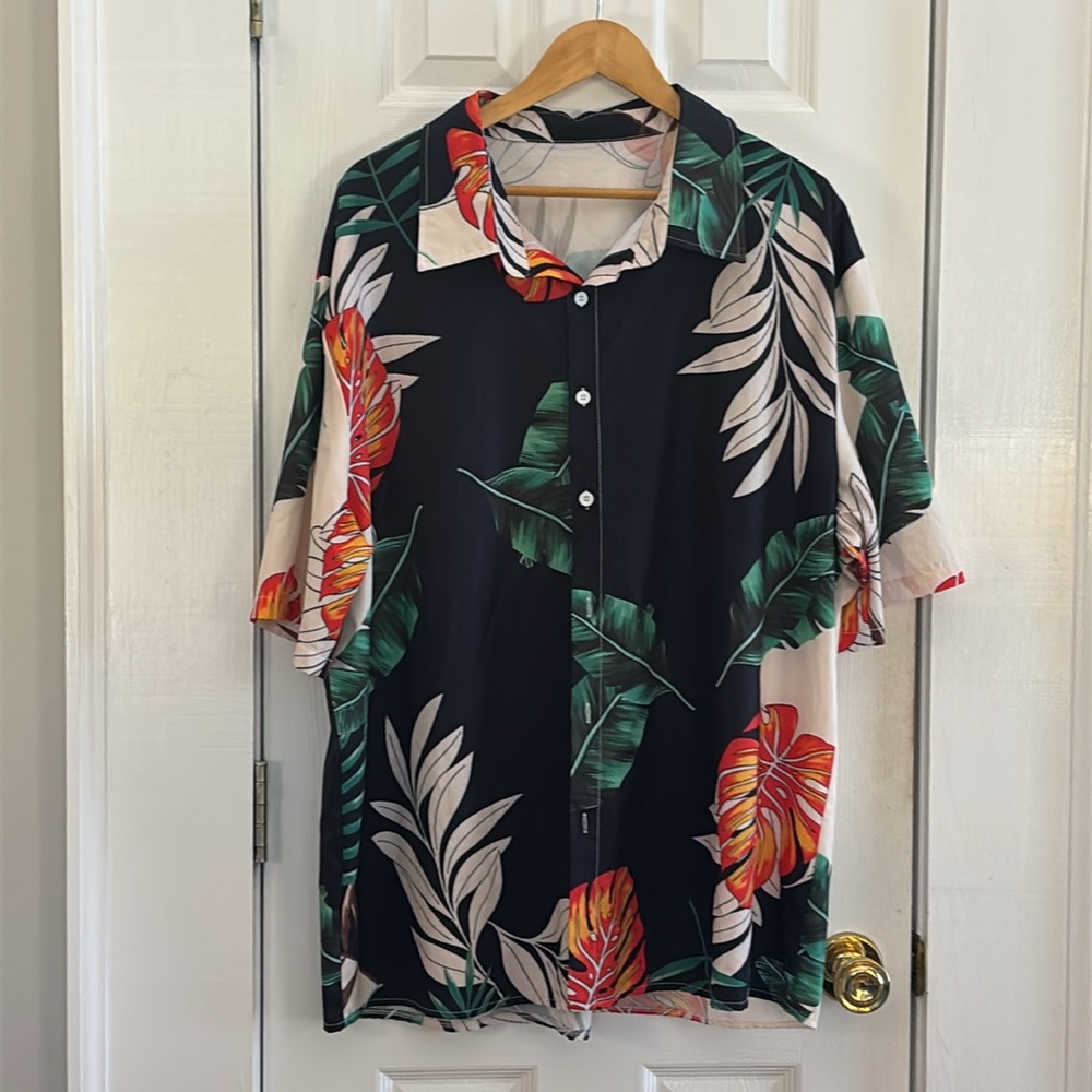 SHEIN Black Tropical Print Casual Button Down Shirt Men’s 4XL